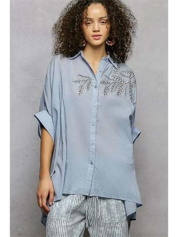 POL Button Down Embroidered‎ Floral High-Low Hem Shirt - Image 2