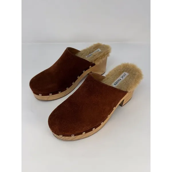 Steve Madden Brooklyn Womens Clogs Brown Suede Mules Fur Trim Studded Sandals 8M - Image 4