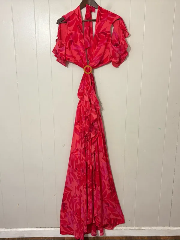 VICI Carlita Ruffle Cutout Maxi Dress Red Pink Tropical Size Medium M - Image 3