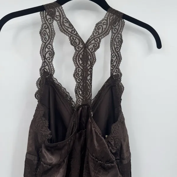 Vintage Y2K Satin Lace Babydoll Top Sz M Brown Coquette Lace Trim Fairy Romantic - Image 4