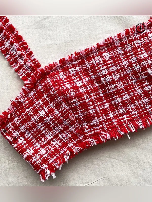 Self Portrait Red & White Boucle Square-Neck Crop Top size 6 - Image 4