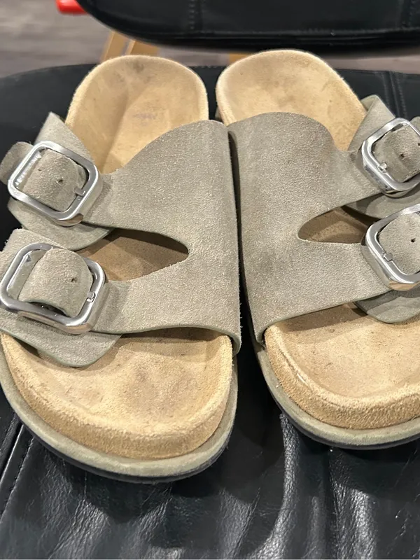 Zara Taupe Suede Double Buckle Slide Sandals - Image 7