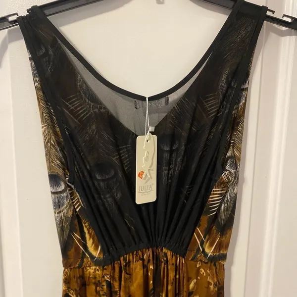 Julia Peacock Feather Maxi Dress Womens Medium Brown Mesh Inset Long Sundress NW - Image 3