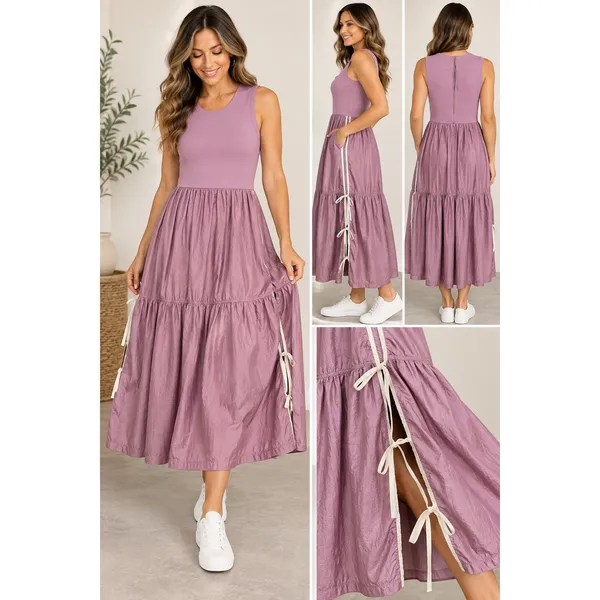 Daily Practice by Anthropologie Mauve Purple Tiered Mixed Media Midi Dress Large - Image 2