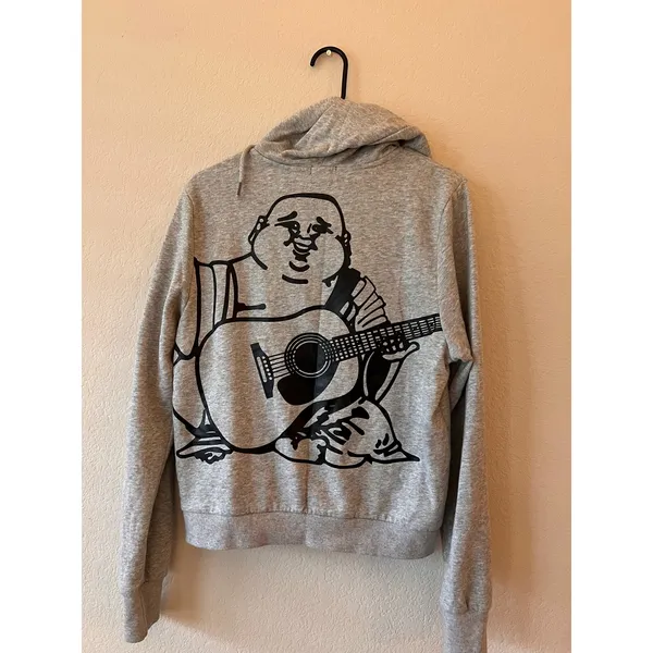 True Religion Grey Buddha Guitar Full Zip Hoodie Y2K Cropped 80% Cotton - Image 2