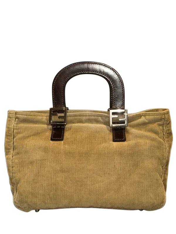 FEND Corduroy Mini Bag with Dark Brown Leather Wrapped Handles & Silver Hardware - Image 2