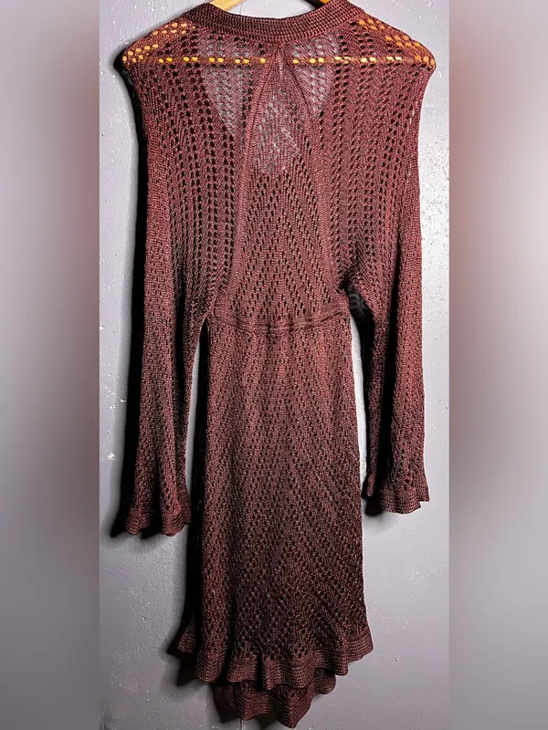 FREE PEOPLE Knit Crochet V-Neck Long Sleeve Dress in Deep Brownish Color. Small - Image 2
