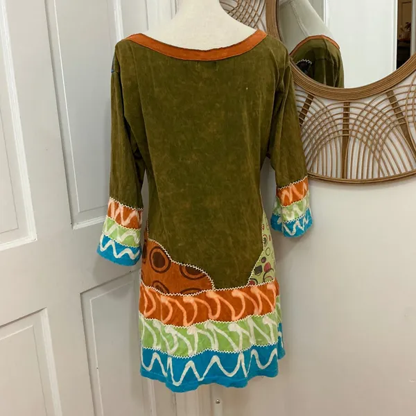 Rising International Patchwork Tunic Dress XL Cotton Boho Hippie Artsy Festival - Image 3