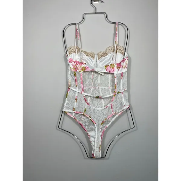 For Love & Lemons Floral Lace Bustier Bodysuit Small Pink White - Image 2