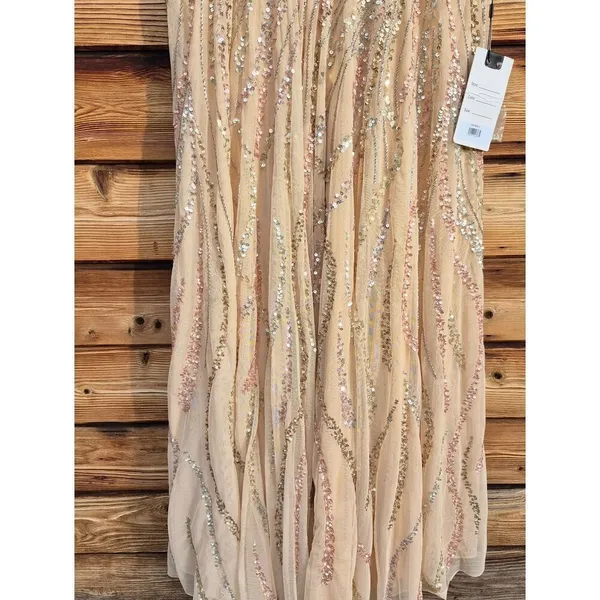 Mac Duggal 5445 Size 14 Beige Beaded Sequined Embellished Long Maxi Gown Dress - Image 9