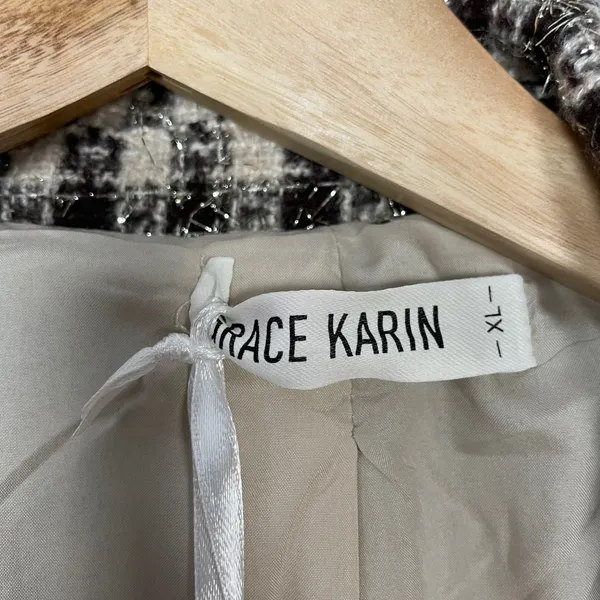 NWT Grace Karin Tweed Pea Coat Plaid Women Size XL Raw Edges Belted Cream Brown‎ - Image 8