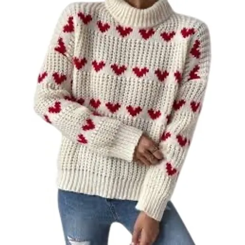 Womens Cream Red Heart Chunky Knit Mock Neck Sweater Pullover Small 0787 - Image 2