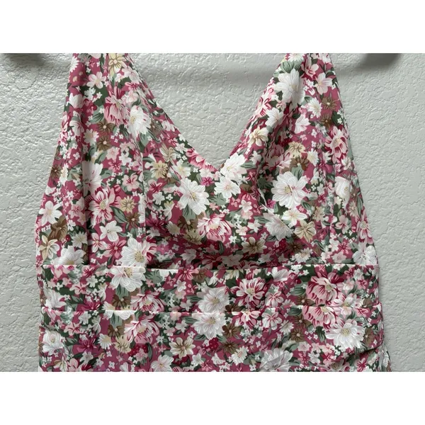 Pink Floral Ruched Mini Sundress Strappy Backless Sweetheart Romantic Sz Medium - Image 2