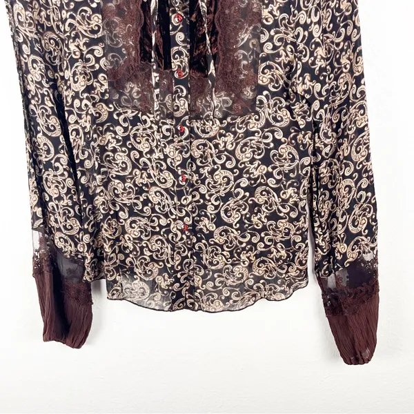 SANDRO Baroque Brown Paisley Print Sheer Lace Trim Blouse Size Small Boho Chic - Image 8