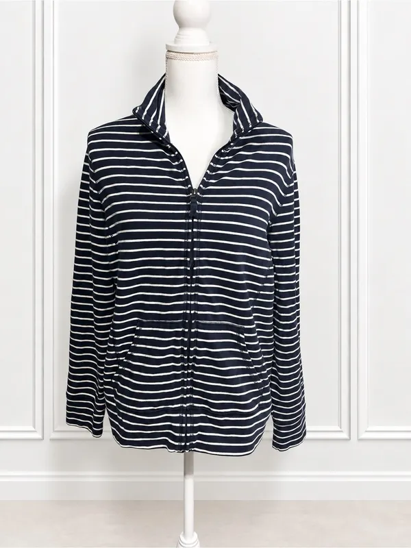 L.L.Bean Ultrasoft Sweats Full Zip Mock Neck Jacket Navy Stripe Women’s L - Image 3