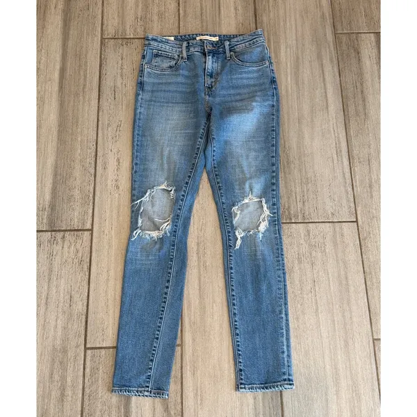 Levis 721 High Rise Skinny Jeans Blue Distressed Stretch Denim Womens Size 26 - Image 2