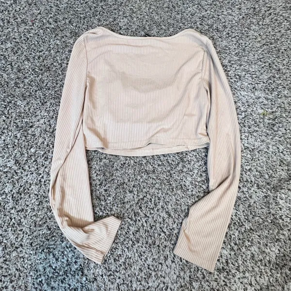 SHEIN Womens Ribbed Long Sleeve Crop Top Beige Square Neck‎ Ruched Bust Large - Image 6