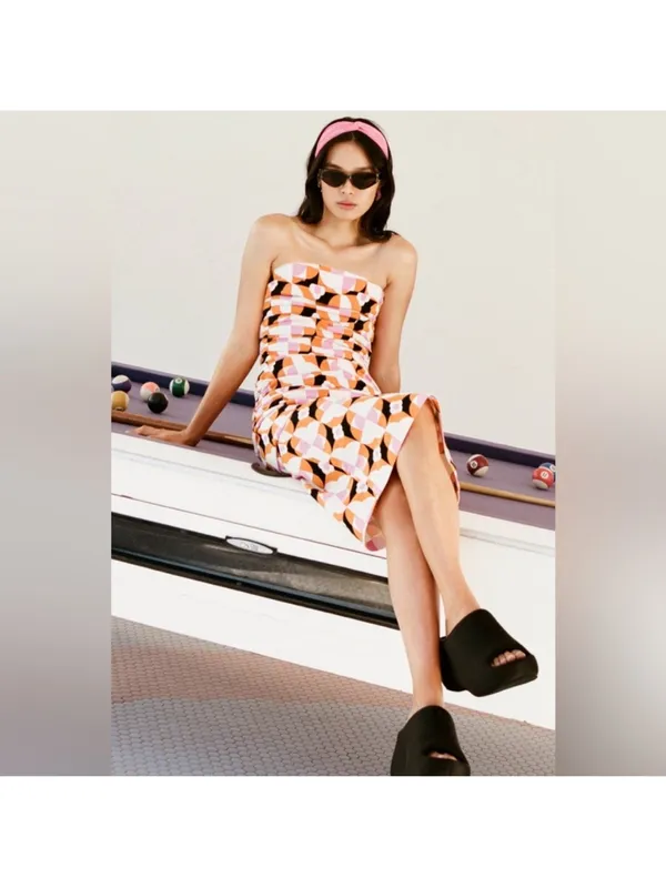By Anthropologie Printed Strapless Slim Ruched Geometric Midi Dress - Image 4