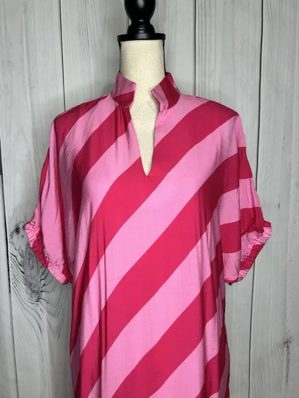 Entro Women’s Maxi Shirt Dress Sz S Diagonal Striped Collared Short Sleeve Pinks - Image 2