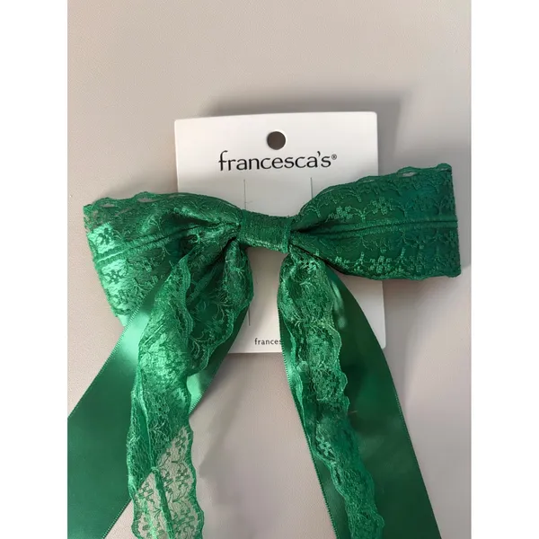 Francescas Forest Green Satin and Lace Oversized Hair Bow Clip Accessory - Image 2