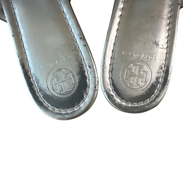 Tory Burch Miller Sandals Silver Metallic Finish Leather 9.5 Logo‎ - Image 3
