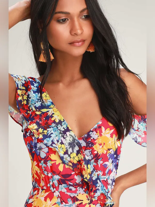 Lulu’s Radiant Rudy Red Floral Print Chiffon Maxi Dress Medium NWT - Image 4