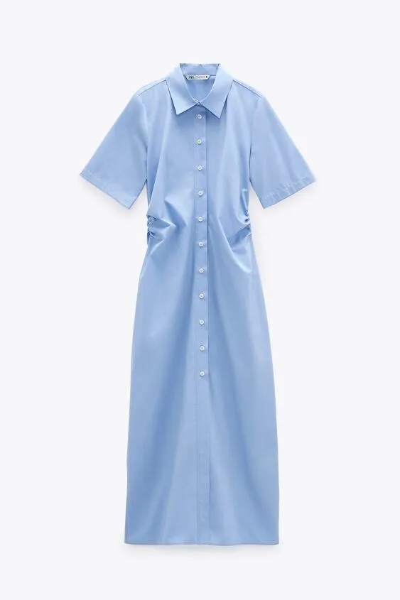 ZARA Blue Ruched Buttoned Slit Midi Dress - Image 3