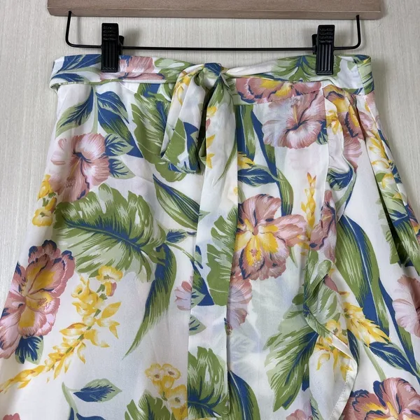 Tropical Floral Ruffle High Low‎ Maxi Skirt White Pink Green Hibiscus Wrap Style - Image 2