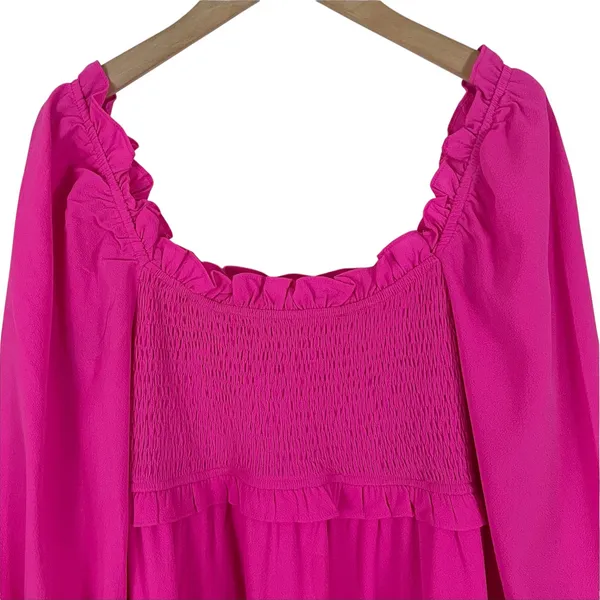 Umgee Hot Pink Smocked Bodice Puff Sleeve Ruffle Dress Size Medium - Image 4