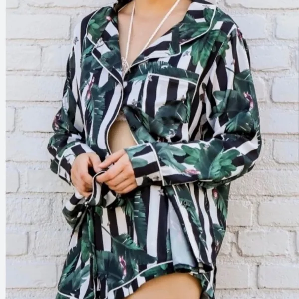 Revolve Plush Tropical Black White Striped Shirt and Short Sleep Set Leaf Print - Image 11