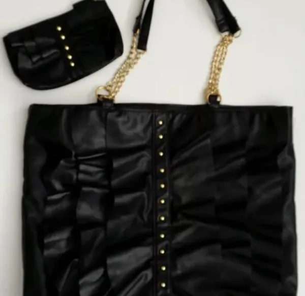 Designer Shoe Warehouse Black Faux Leather Ruffled Shoulder Tote Bag + Matching Pouch - Image 11