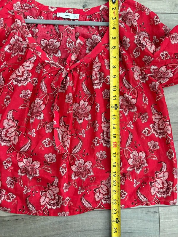 MNG Mango Red Paisley Floral Square Neck Elbow Balloon Sleeves Cotton Linen Top - Image 8