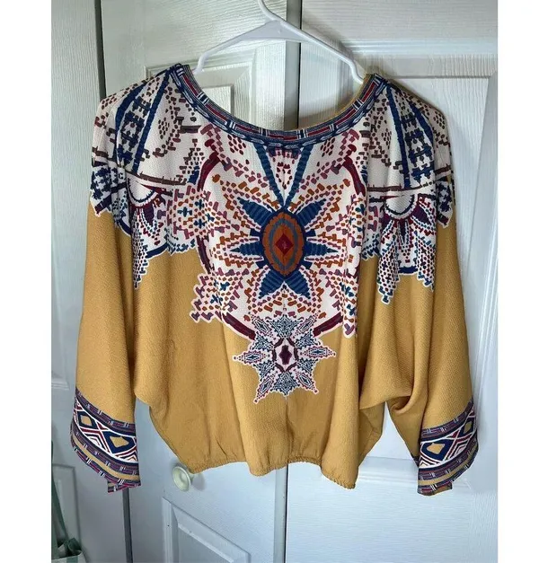 Flying Tomato Women's Boho Blouse M Multicolor Aztec Print Faux Wrap Emb… - Image 3