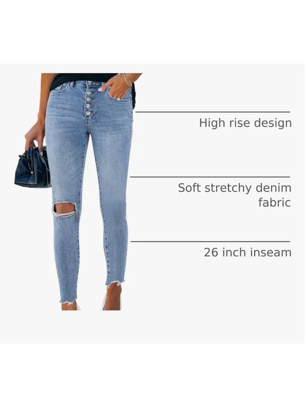 NEW High Rise Skinny Stretch Button Ripped Jeans 14 - Image 3