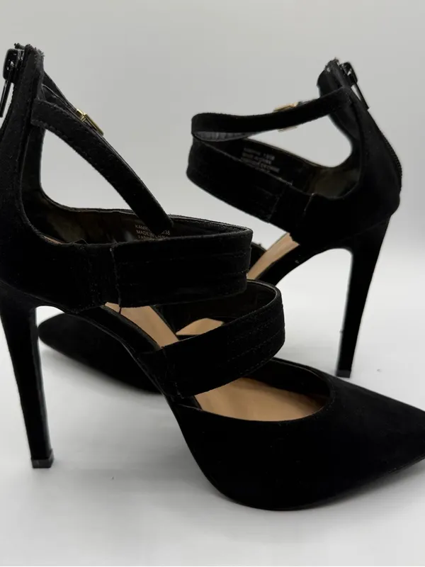 JustFab Kamryn Heels 7.5 Black Strappy Pointed Toe Stiletto Buckle Goth - Image 5