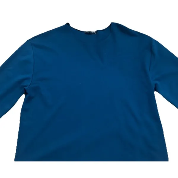 Zara Collection Women M Teal Blue Cropped Top Ruffle Hem Sleeve Minimalist Chic - Image 4