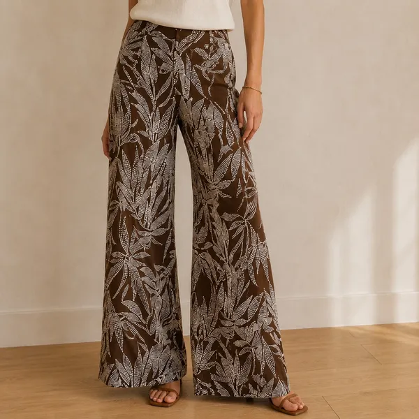DeFacto 100% Viscose Chocolate Brown Botanical Wide Leg Pants Small Boho Resort - Image 2