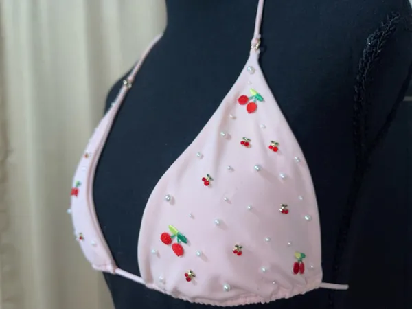 Pink cherry embellished triangle bikini top - Image 2