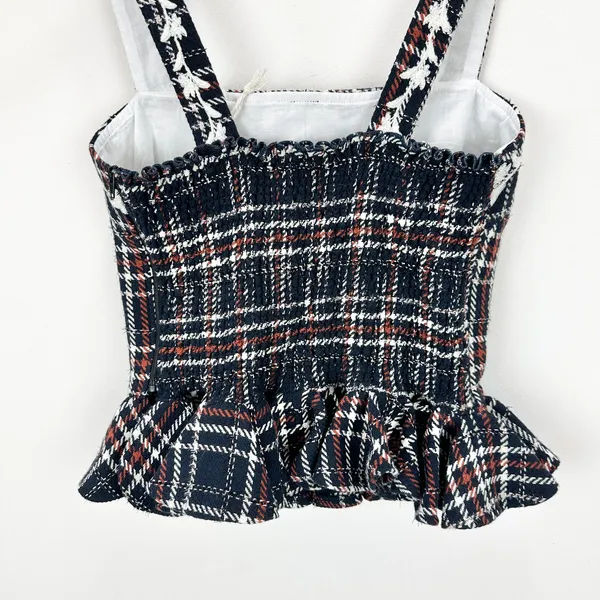 FANM MON Tweed Tartan Plaid Embroidered Square Neck Peplum Top XS NWT - Image 7