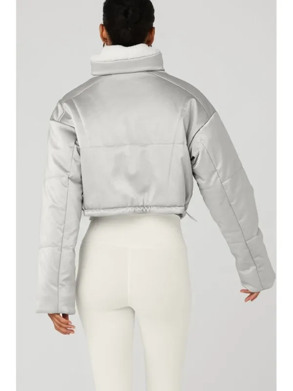 Alo Orion Cropped Puffer Silver Ivory Shiny Metallic Warm Sherpa-Lined Coat L - Image 2