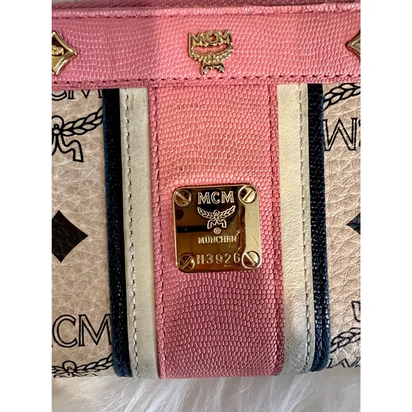 MCM Visetos Studded Continental Wallet Authentic Pink & Ivory Leather 8"x4" EUC - Image 3