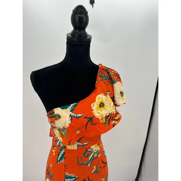 Urban Outfitters Carmen Orange One Shoulder Linen Knit Floral Midi Dress‎ XS - Image 6