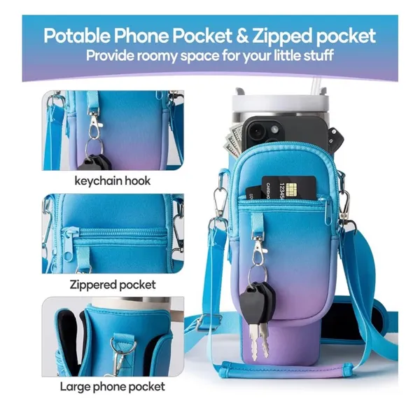 Water Bottle Carrier w/ Phone Pocket Insulated Neoprene Holder Crossbody Strap - Image 7