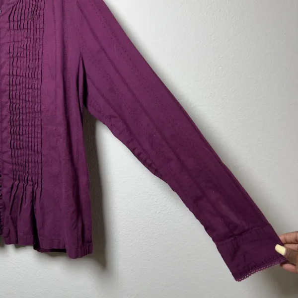 Anthropologie Maeve Women 100% Cotton Blouse L Purple Gelise Pintuck Military - Image 4
