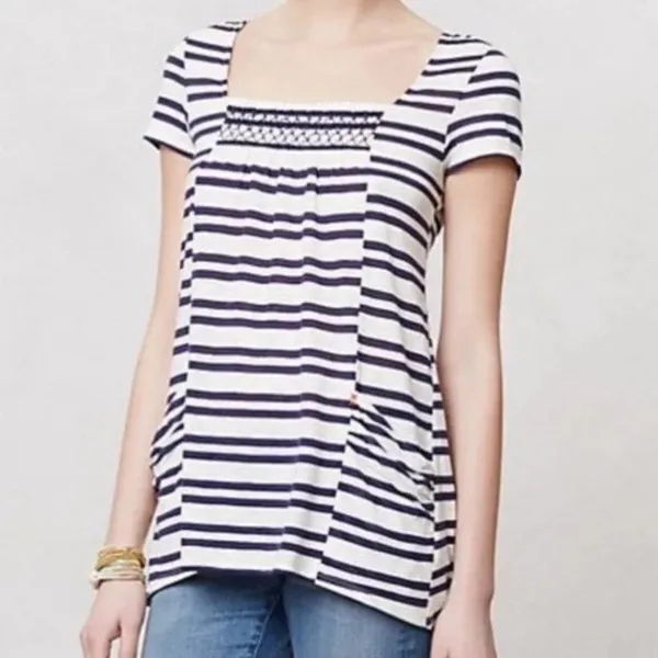 Anthropologie MEADOW RUE Marin Striped Top Smocked Knit Red White Medium - Image 5