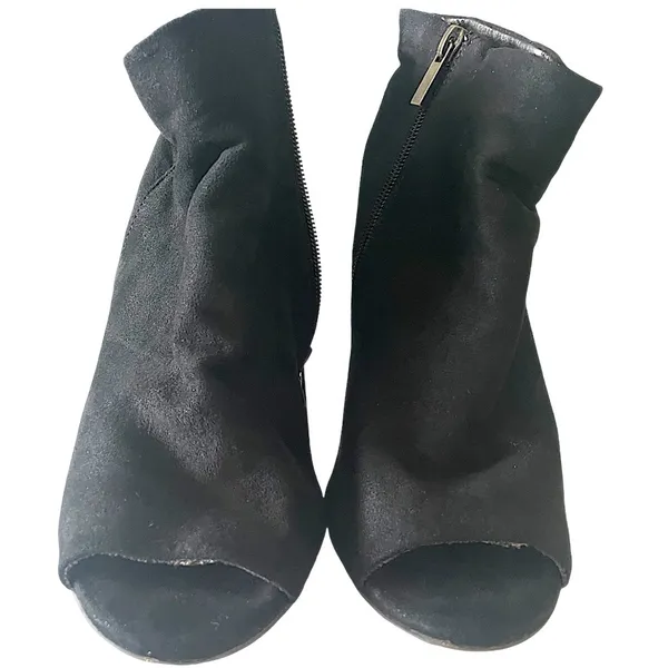 Bamboo•Black Faux Suede•Peep•Toe Ankle Boot•Size 9• 4”Block Heel - Image 12