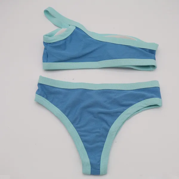 2 Piece Swimwear Bikini Set Womens Small Blue Aqua Contrast Trim Stretch Ribbed - Image 4