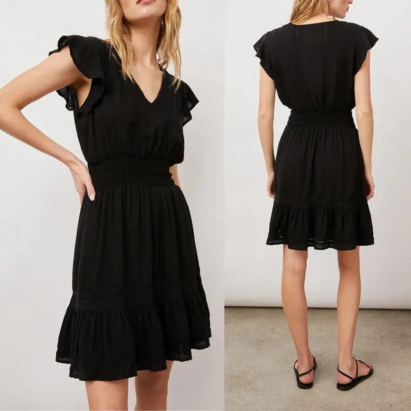 Rails Tara Dress Womens XS Black Linen Blend Smocked Lace Boho Cottagecore‎ - Image 2