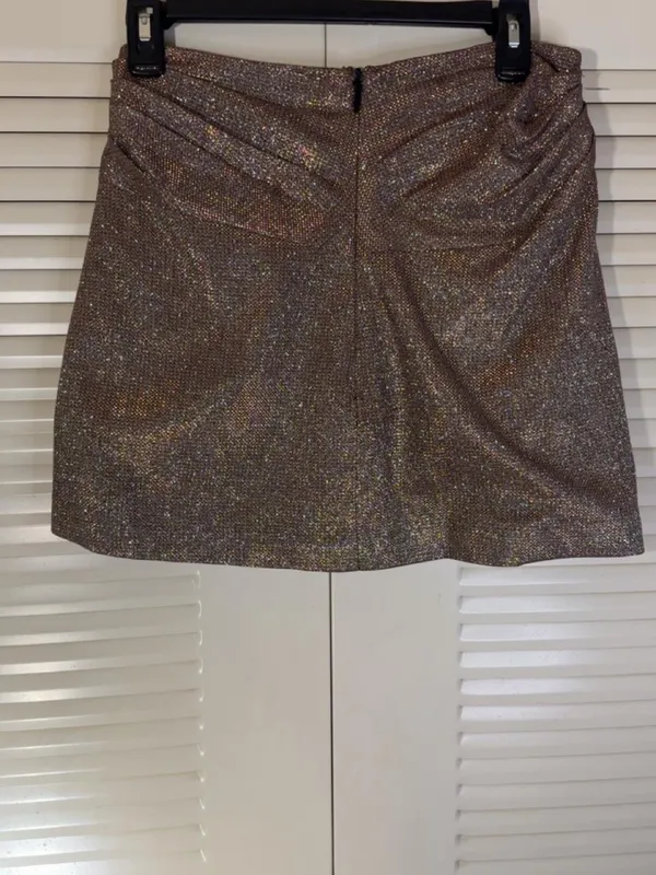 House of CB London "Shaker" Sparkle Draped Mini Skirt. Metallic, glittery, bronze finish with a ruched draping #houseofcb #miniskirt #highend #fashion - Image 2