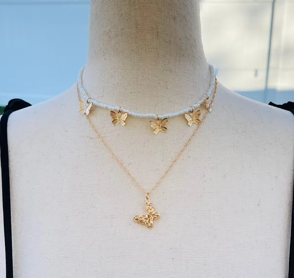 White Beads Gold Tone Butterflies Layered Necklace - Image 3